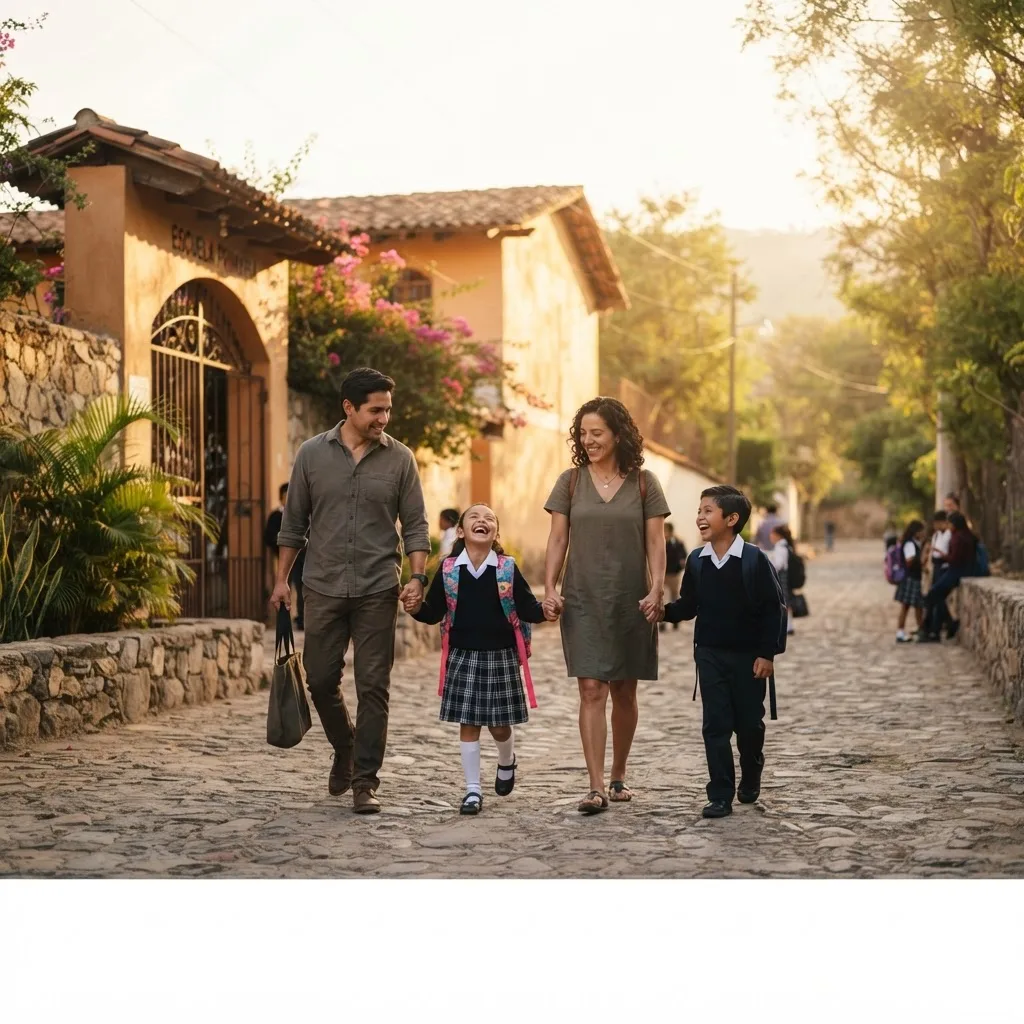 Familia saliendo feliz del colegio