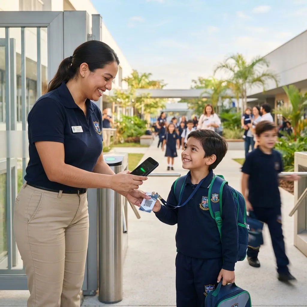 Personal del colegio verificando el QR de un estudiante